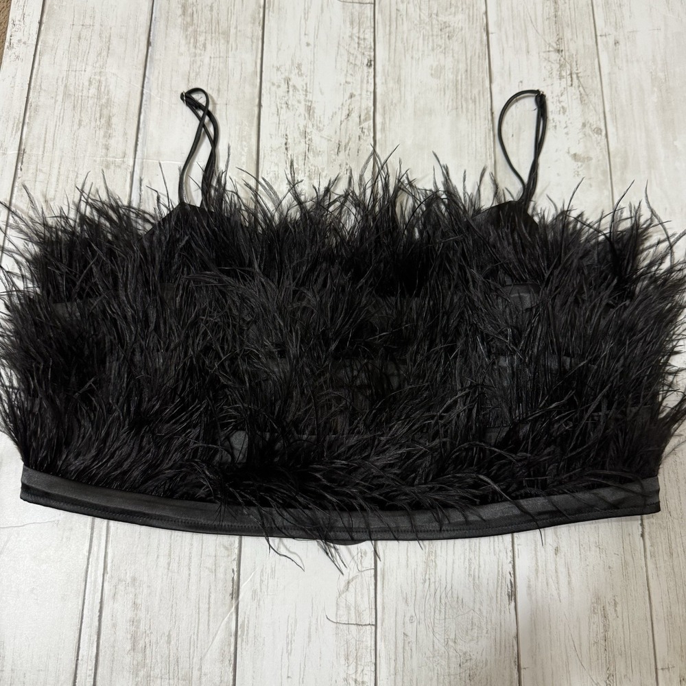 NWT Storia Feathered & Satin Crop Top Black Women's Size Small Rave Whimsygoth
